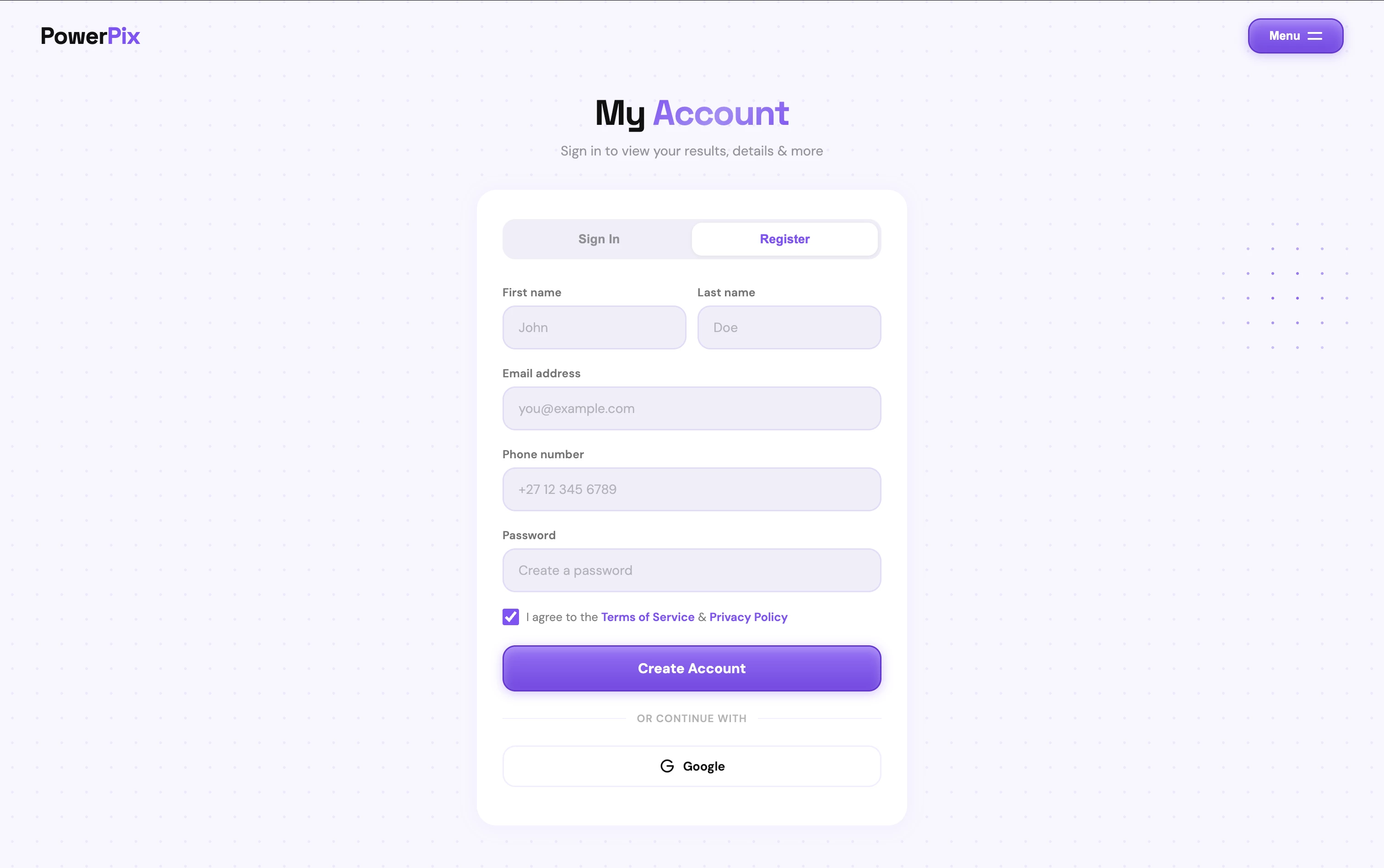 Sign in or register screen